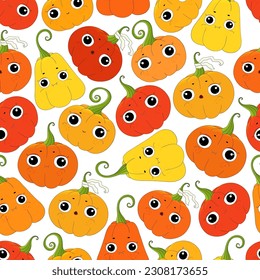 Halloween pumpkins pattern. Halloween pumpkins Jack lantern light. Colorful cute pumpkin on white backdrop. Squash Fabric textile texture. Halloween background jack pumpkin face. Cartoon pumpkins