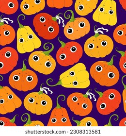 Halloween pumpkins pattern. Halloween pumpkins Jack lantern light. Colorful cute pumpkin on dark blue backdrop. Squash Fabric textile texture. Halloween background jack pumpkin face. Cartoon pumpkins
