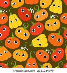 Halloween pumpkins pattern. Halloween pumpkins Jack lantern light. Colorful cute pumpkin on green backdrop. Squash Fabric textile texture. Halloween background jack pumpkin face. Cartoon pumpkins