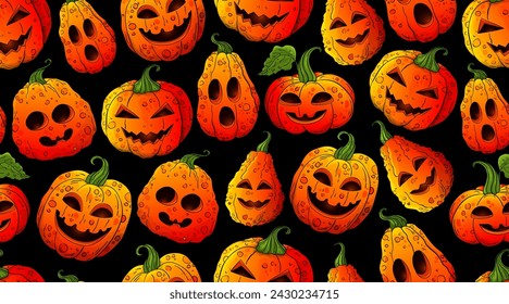 Halloween pumpkins pattern. Halloween pumpkins Jack lantern light. Colorful cute pumpkin on green backdrop. Squash Fabric textile texture. Halloween background jack pumpkin face. Cartoon pumpkins
