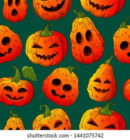 Halloween pumpkins pattern. Jack o lantern colorful background. Hand drawn color cartoon style pumpkins on dark blue backdrop. Many types jack pumpkin face. Halloween decoration texture. 