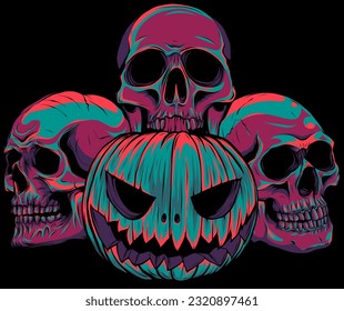 halloween pumpkins with piles of skulls on black background