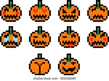 Halloween pumpkins pixel art emoticons emoji set.