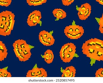 Abóboras de Halloween em pixel art estilo sem emenda padrão. 8 bits retro gráfico pixel abóboras com faces assustadoras esculpidas. Jack-o-lantern design para papel de parede, banners e cartazes. Ilustração vetorial