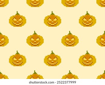 Abóboras de Halloween em pixel art estilo sem emenda padrão. 8 bits retro gráfico pixel abóboras com faces assustadoras esculpidas. Jack-o-lantern design para papel de parede, banners e cartazes. Ilustração vetorial