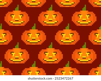 Halloween pumpkins in pixel art style seamless pattern. 8-bit retro graphic pixel pumpkins with carved scary faces. Jack-o-lantern design for wallpaper, banners, and posters. Vector illustration