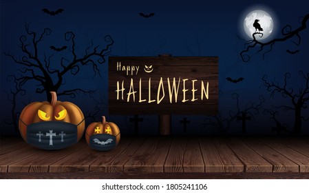 Halloween pumpkins placed on an old plank under the shadow of the blue moon. Vector illustration.