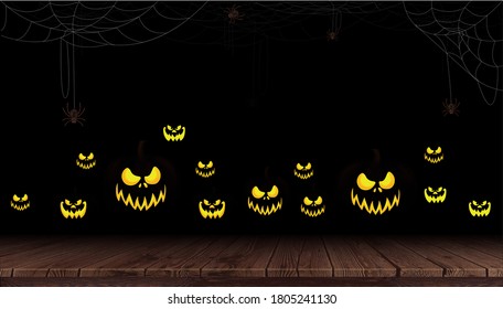 Halloween pumpkins placed on an old plank under the shadow of the blue moon. Vector illustration.