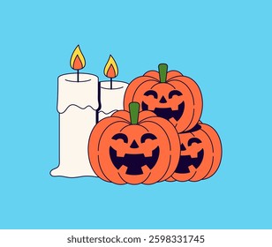 Halloween pumpkins with playful expressions alongside lit candles. Ideal for Halloween-themed projects