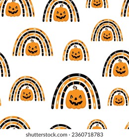 Halloween pumpkins and rainbows isolated on white background. Cute holiday seamless pattern. Vector simple flat graphic illustration. Texture.