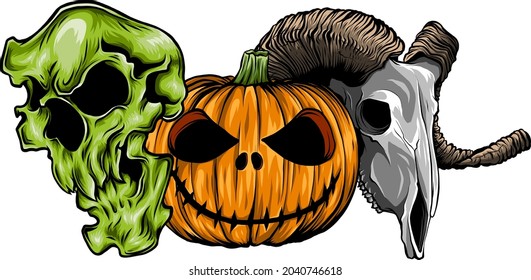 halloween pumpkins with ram and human skulls