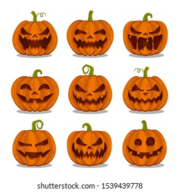 Halloween pumpkins in raw with a scary facial expression collection on white background