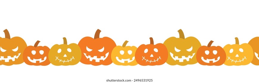 Halloween Pumpkins in a row isolated on white background. Hand drawn Halloween seamless border with pumpkins. Header for letters, websites, mailing lists.