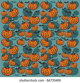 Halloween pumpkins sand bats on a blue background.