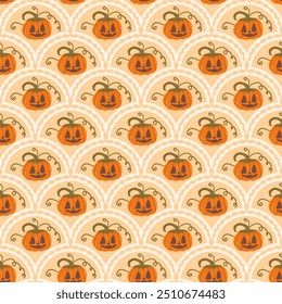 Halloween Pumpkins scallop seamless pattern. Jack O Lantern arch repeat background. All Hallows' Eve retro endless design. Vector hand drawn flat illustration.