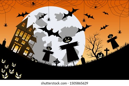Halloween pumpkins, scarecrow, bat and house on Moon background, illustration. Halloween background. Spooky forest with dead trees and pumpkins.