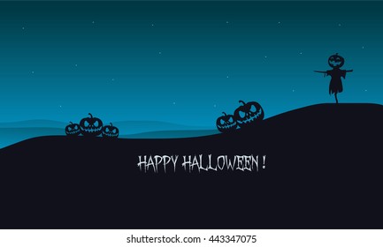Halloween pumpkins and scarecrow silhouette with blue backgrounds