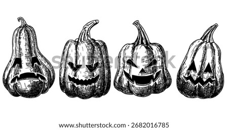 Halloween pumpkins with scary faces. Carved pumpkins with various scary and funny expressions isolated on white background. Traditional Halloween symbol. Hand drawn sketch. Vector.