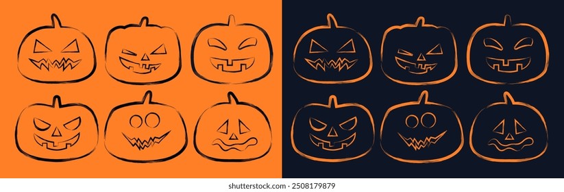 halloween  pumpkins scary faces  characters set hand drawn style  vector illustration