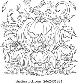 Halloween Kürbisse, gruselige Gesichter, Malbuch Seitendesign, Vektorgrafik