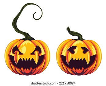 Halloween pumpkins with scary faces on white background.