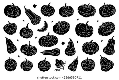 Calabazas de Halloween dan miedo a las caras. Caras de calabazas de halloween del otoño. Verduras otoñales. Ilustración vectorial.