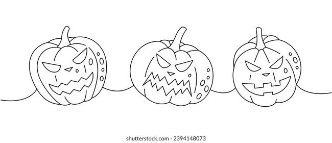 Calabazas de Halloween con caras aterradoras. El conjunto de calabazas se enfrenta a un dibujo continuo de una línea. Las verduras de halloween del otoño son una ilustración continua de una línea.