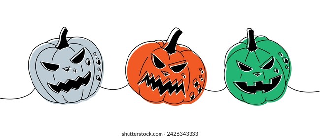 Halloween pumpkins with scary faces. Set of pumpkins faces one line colored continuous drawing. Halloween vegetables continuous one line illustration.