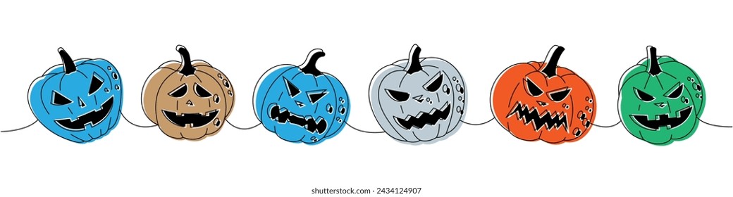 Calabazas de Halloween con caras de miedo. Conjunto de calabazas caras de una línea de dibujo continuo de color. Ilustración continua de una línea de verduras de Halloween.