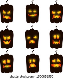 Halloween Pumpkins with Scary Faces Vector Set. October Holiday Design Elements.