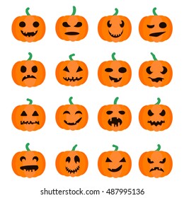 Halloween Pumpkins with Scary or Funny Carving Faces. Isolated on White  Background. Vector Illustration.
