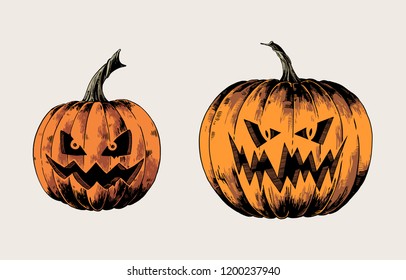 Halloween pumpkins, scary pumpkins. Set of vector hand drawn illustrations.