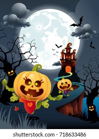 Halloween pumpkins and scary trees, castle, dark background.