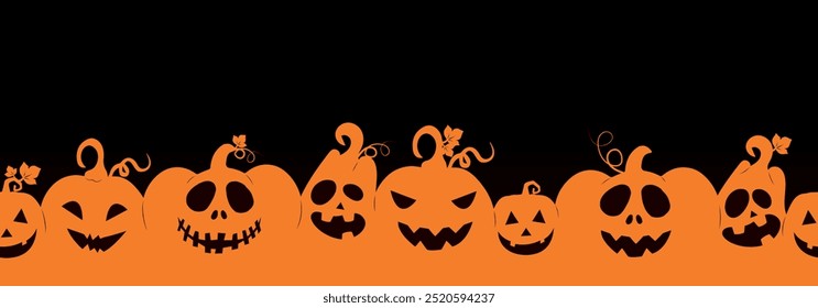 Halloween pumpkins seamless banner. Spooky lantern silhouettes, scary Halloween flat vector background illustration. Endless Halloween party poster for a festive Halloween holiday party