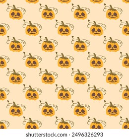 Halloween Pumpkins seamless pattern. All Hallows' Eve continuous background. Jack o lantern repeat surface cover. Vector hand drawn illustration.