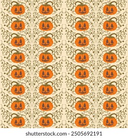 Halloween Pumpkins seamless pattern. All Hallows' Eve continuous background. Autumn festival repeat surface cover. Jack o lantern. Vector hand drawn illustration.