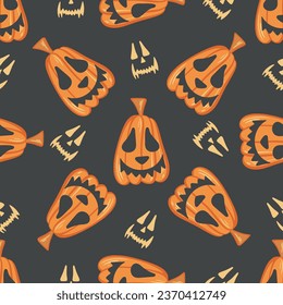 Halloween pumpkins seamless pattern. Background of autumn pumpkin characters for Thanksgiving and Halloween. Print creepy, funny, scary emotions, vector illustration