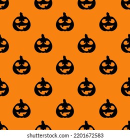 Halloween pumpkins seamless pattern. Black silhouette halloween pumpkin on orange background. Halloween background with carving face. Design for wrapping paper, wallpaper, fabric. Vector illustration
