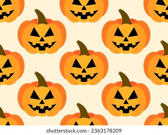 Halloween pumpkins seamless pattern. Halloween carved pumpkin face. Happy Halloween October 31st, trick or treat. Jack-o-lantern. Design for print, posters and banners. Vector illustration