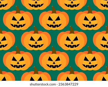 Halloween pumpkins seamless pattern. Halloween carved pumpkin face. Happy Halloween October 31st, trick or treat. Jack-o-lantern. Design for print, posters and banners. Vector illustration