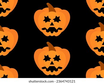 Halloween pumpkins seamless pattern. Halloween carved pumpkin face on black background. Happy Halloween October 31st, trick or treat. Jack-o-lantern. Design for poster and banner. Vector illustration