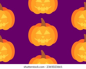 Halloween pumpkins seamless pattern. Halloween carved pumpkin face. Happy Halloween October 31st, trick or treat. Jack-o-lantern. Design for print, posters and banners. Vector illustration