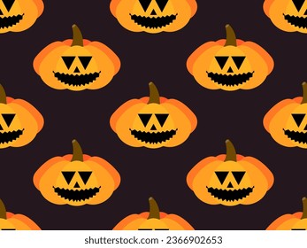 Halloween pumpkins seamless pattern. Halloween carved pumpkin face on black background. Happy Halloween October 31st, trick or treat. Jack-o-lantern. Design for poster and banner. Vector illustration