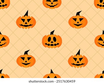 Halloween pumpkins seamless pattern. Halloween carved pumpkin face. Happy Halloween October 31st, trick or treat. Jack-o-lantern. Design for print, posters and banners. Vector illustration