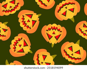 Halloween pumpkins seamless pattern. Halloween carved pumpkin face. Happy Halloween October 31st, trick or treat. Jack-o-lantern. Design for print, posters and banners. Vector illustration