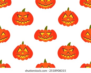 Halloween pumpkins seamless pattern. Halloween carved pumpkin face. Happy Halloween October 31st, trick or treat. Jack-o-lantern. Design for print, posters and banners. Vector illustration