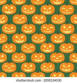 Patrón de calabazas sin foco de Halloween. Ilustración de vectores planos. Linternas aisladas sobre fondo verde. Para decoraciones festivas de fiesta,Invitaciones de concurso de tallado, envoltura de regalo, fondos de escritorio