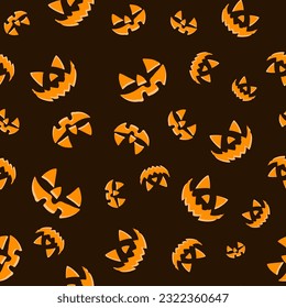 Halloween pumpkins seamless pattern. Flat pumpkins with carved scary smiling faces. Happy Halloween Boo. Vector illustration on brown background
