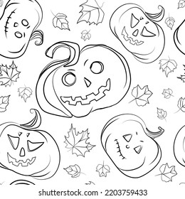 Halloween pumpkins seamless pattern line drawing black and white vector illustration.Scary backdrop. Halloween holiday concept.Party decoration.Hand drawn pumpkin