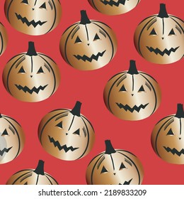 Halloween pumpkins seamless pattern: orange metallic pumpkins on a red background. Vector graphics for fabrics, textiles, gift wrapping, wallpaper or background.